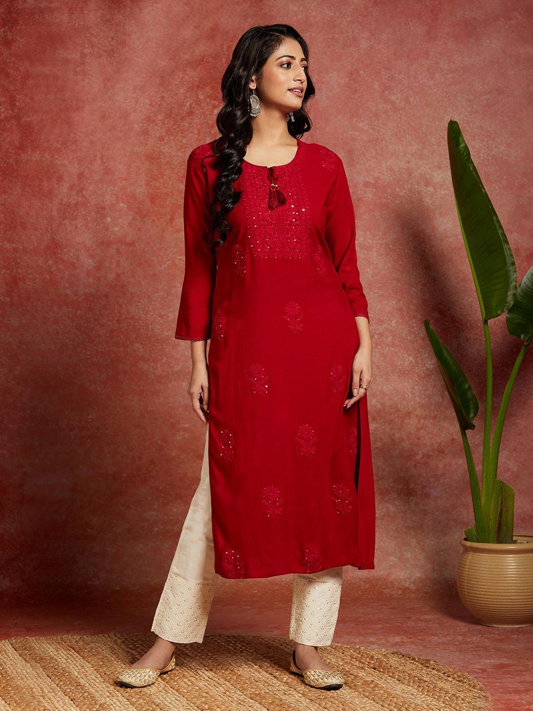 Maroon Embroidered Rayon Straight Kurta - Libas