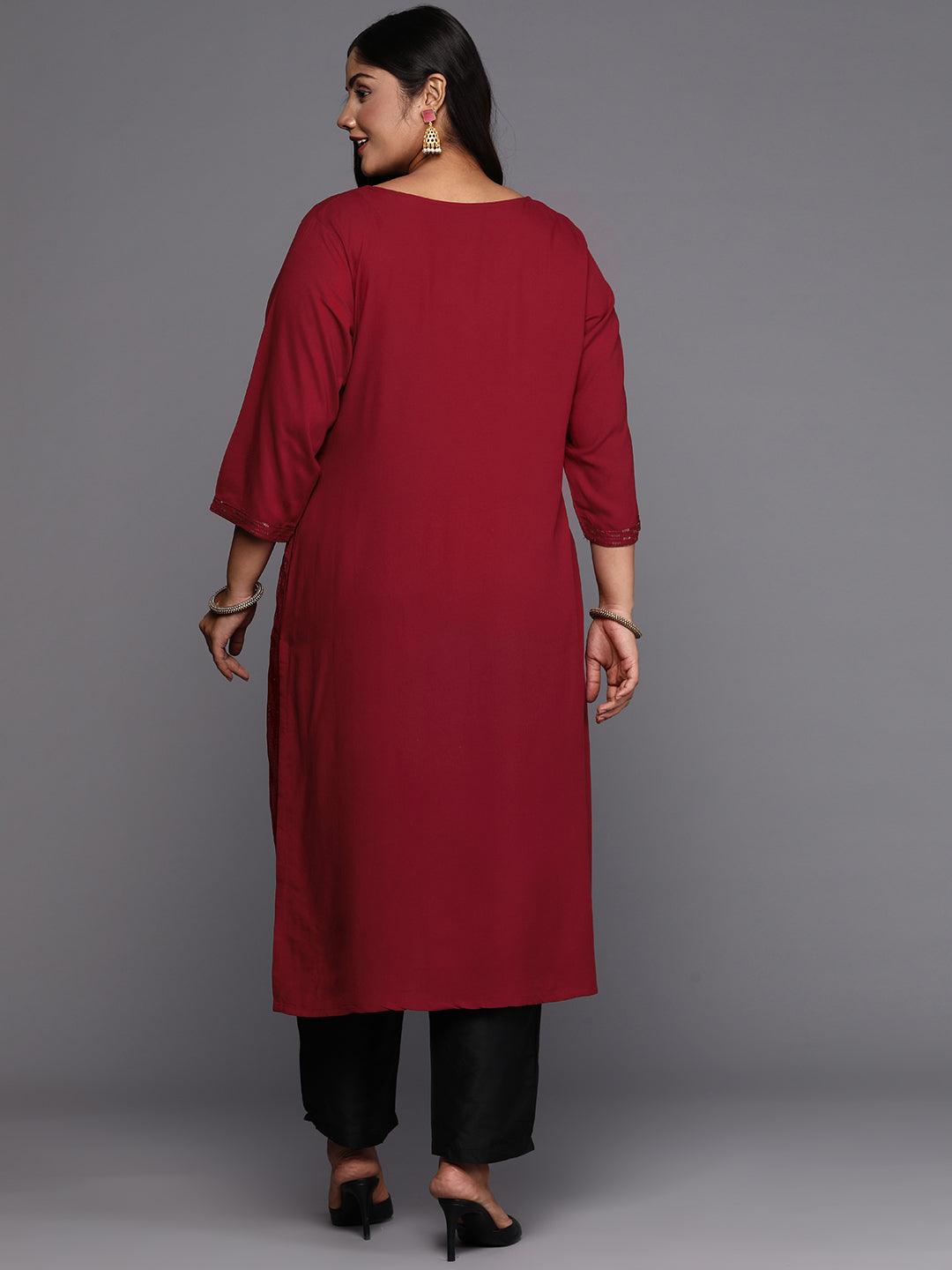 Maroon Embroidered Rayon Straight Kurta - Libas