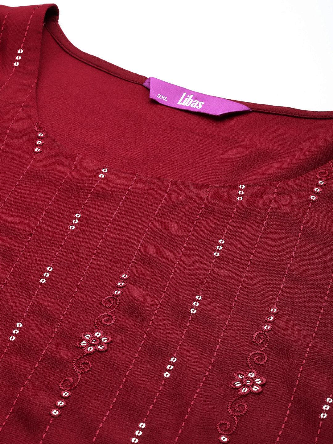 Maroon Embroidered Rayon Straight Kurta - Libas