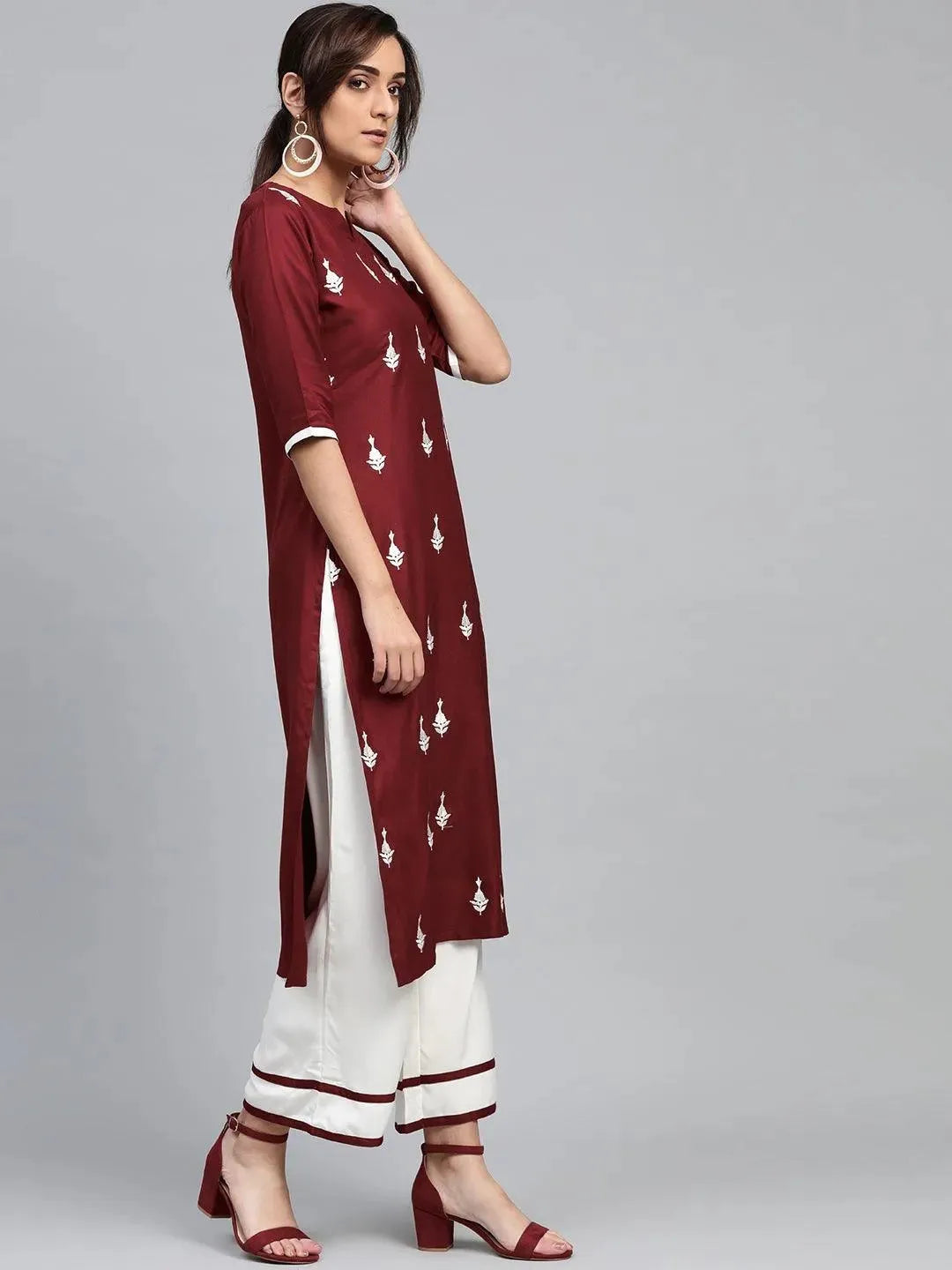 

Maroon Embroidered Rayon Straight Kurta With Palazzos & Dupatta