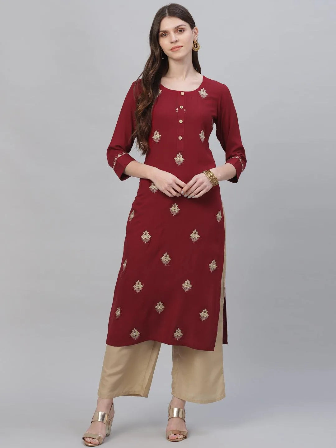 Maroon Embroidered Rayon Kurta Set - Libas