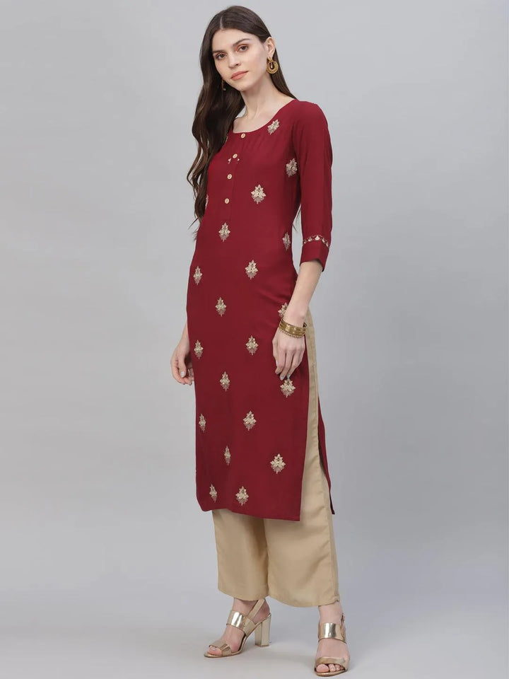 Maroon Embroidered Rayon Kurta Set - Libas