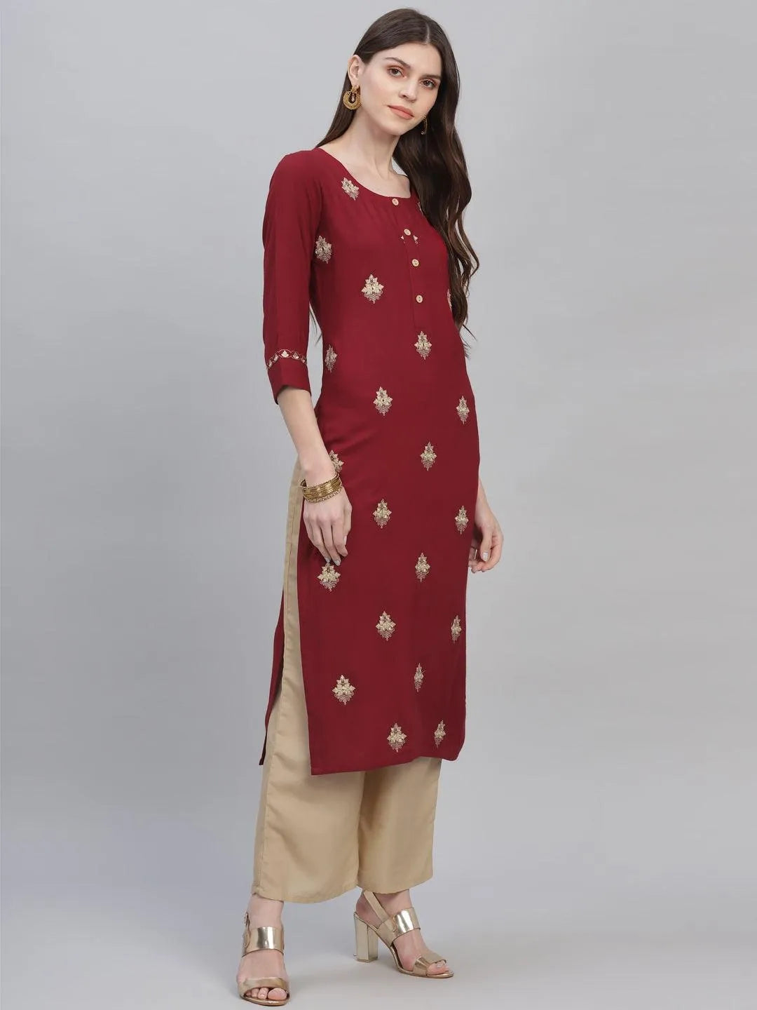 Maroon Embroidered Rayon Kurta Set - Libas