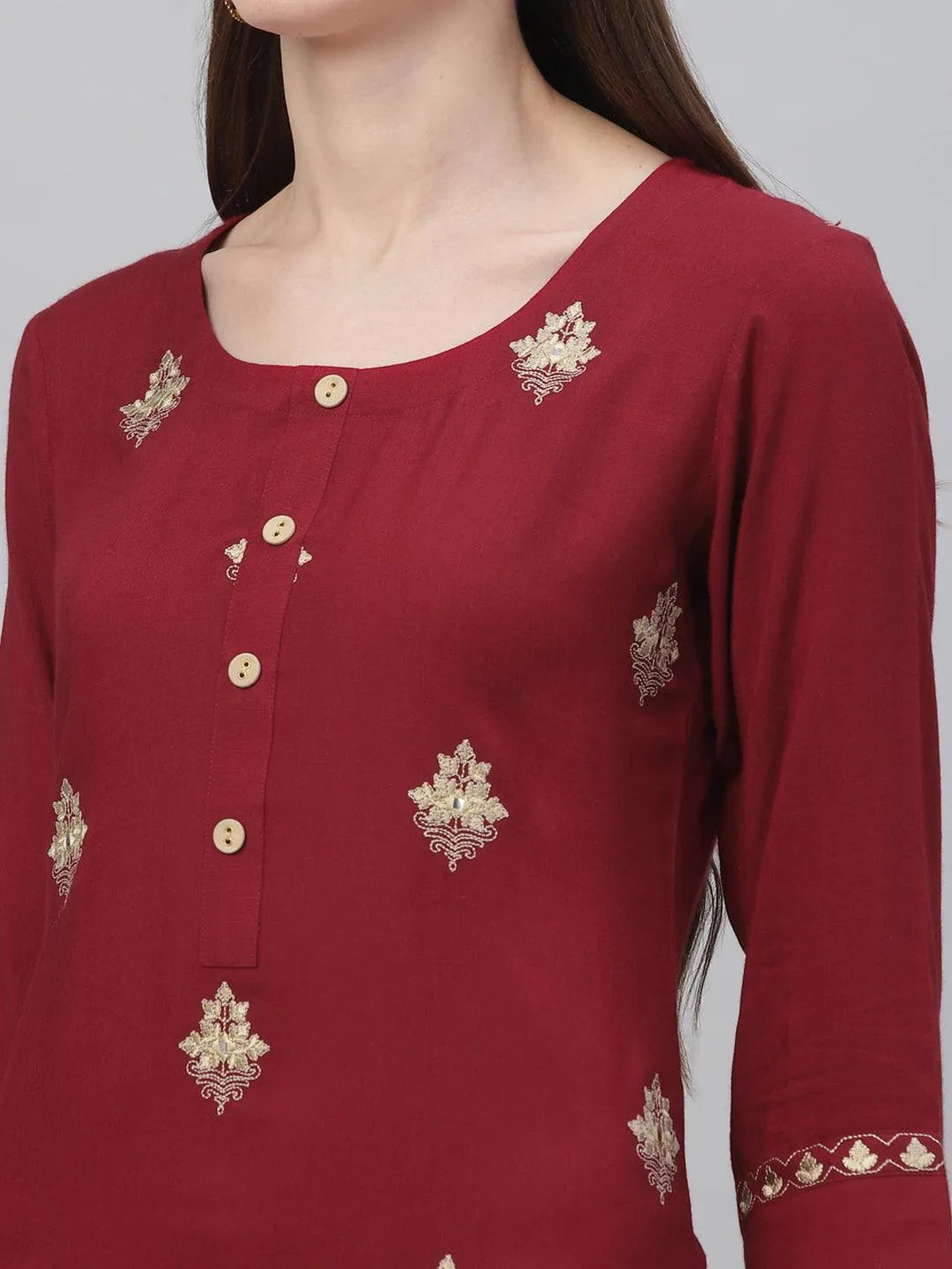 Maroon Embroidered Rayon Kurta Set - Libas