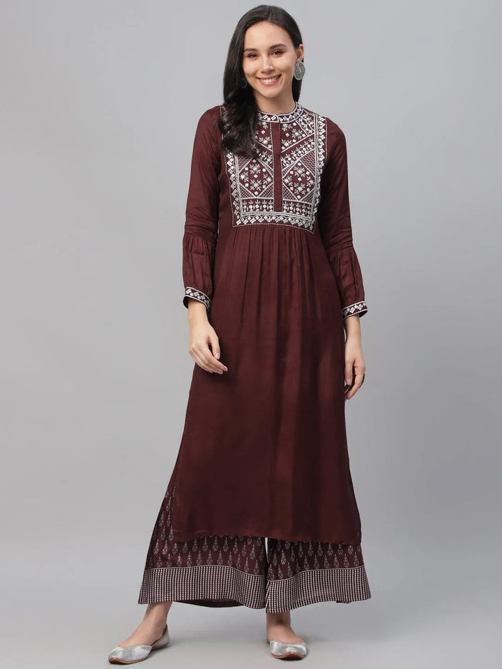 Maroon Embroidered Shantoon Kurta - Libas