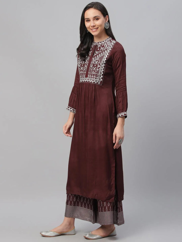 Maroon Embroidered Shantoon Kurta - Libas