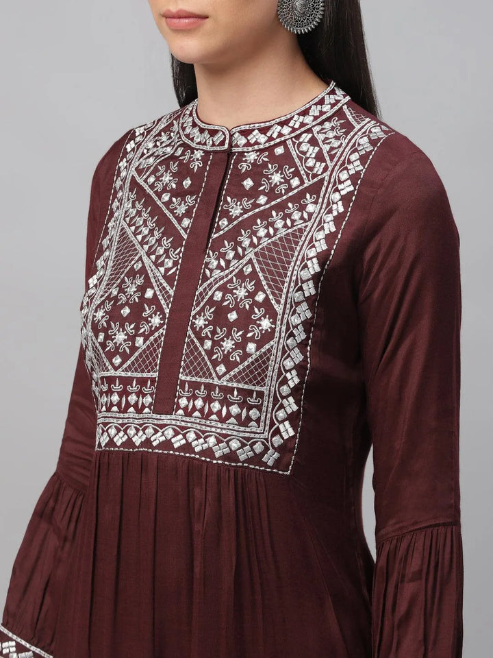 Maroon Embroidered Shantoon Kurta - Libas