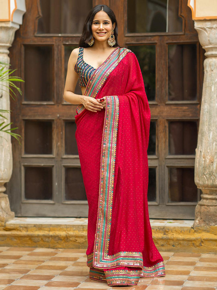 Maroon Embroidered Silk Blend Saree - Libas