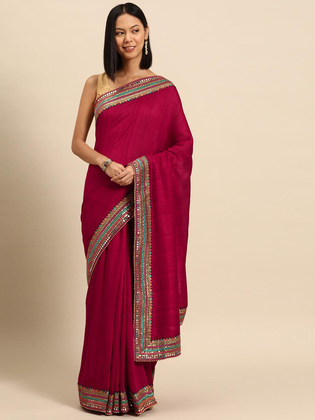 Maroon Embroidered Silk Blend Saree - Libas 