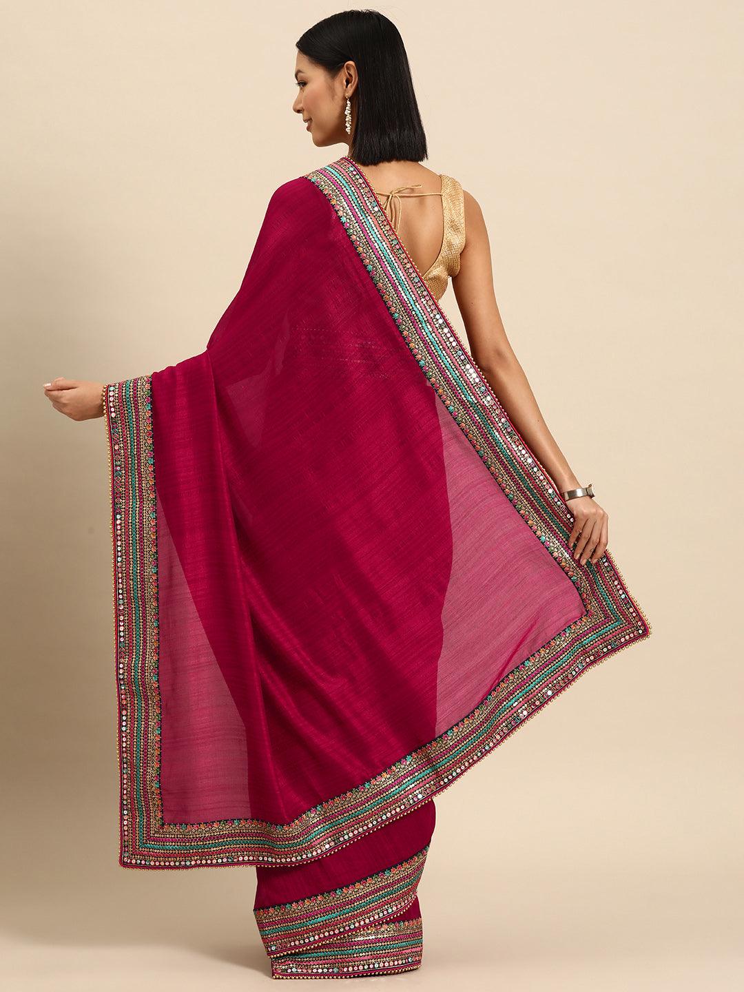 Maroon Embroidered Silk Blend Saree - Libas