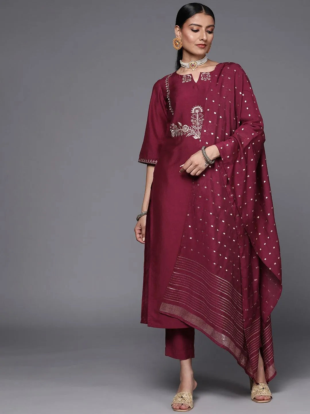 Maroon Embroidered Silk Blend Straight Suit Set - Libas