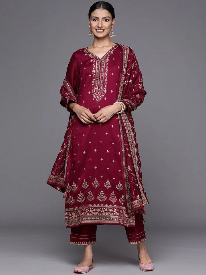 Maroon Embroidered Silk Blend Straight Suit Set - Libas