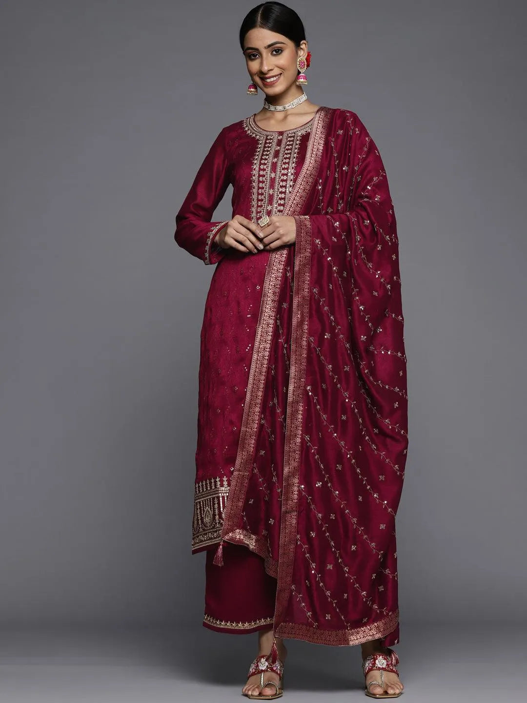 Maroon Embroidered Silk Blend Straight Suit Set - Libas 