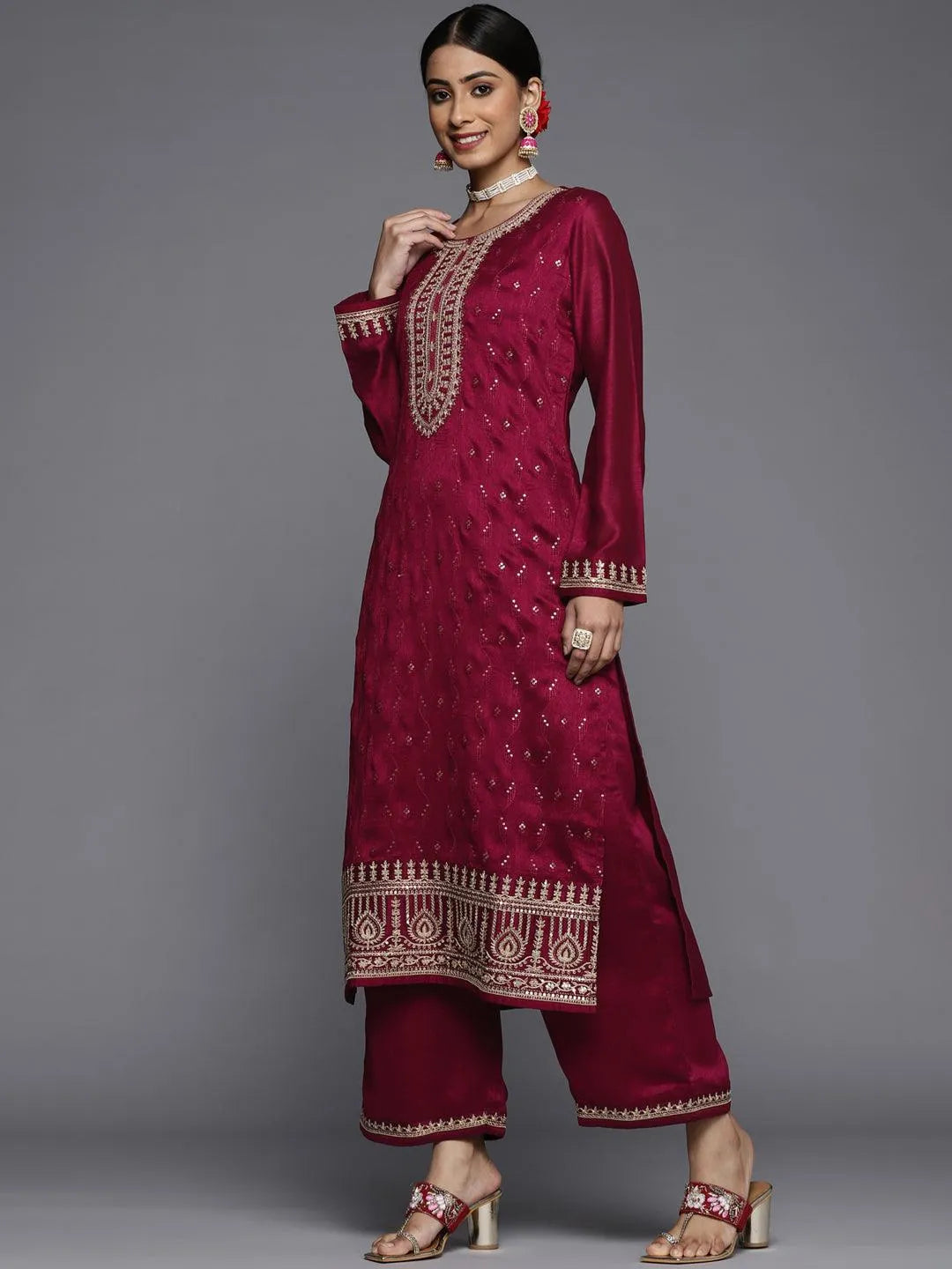 Maroon Embroidered Silk Blend Straight Suit Set - Libas 