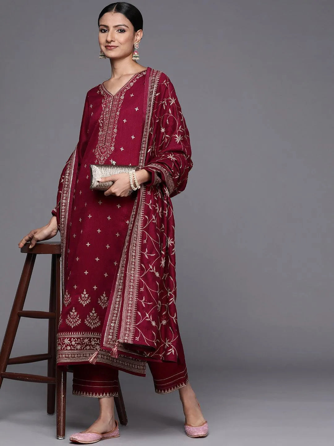 Maroon Embroidered Silk Blend Straight Suit Set - Libas 