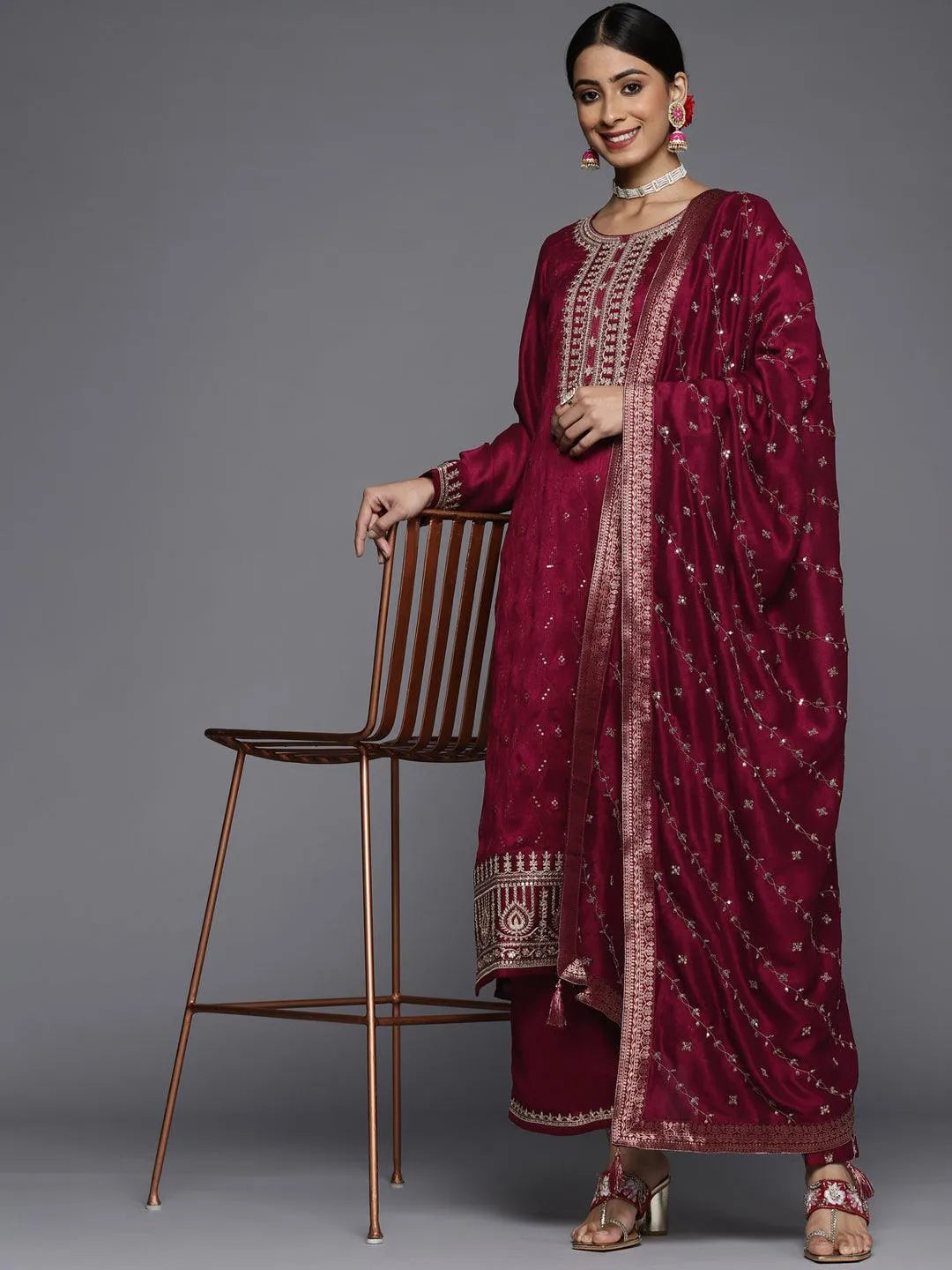 Maroon Embroidered Silk Blend Straight Suit Set - Libas 