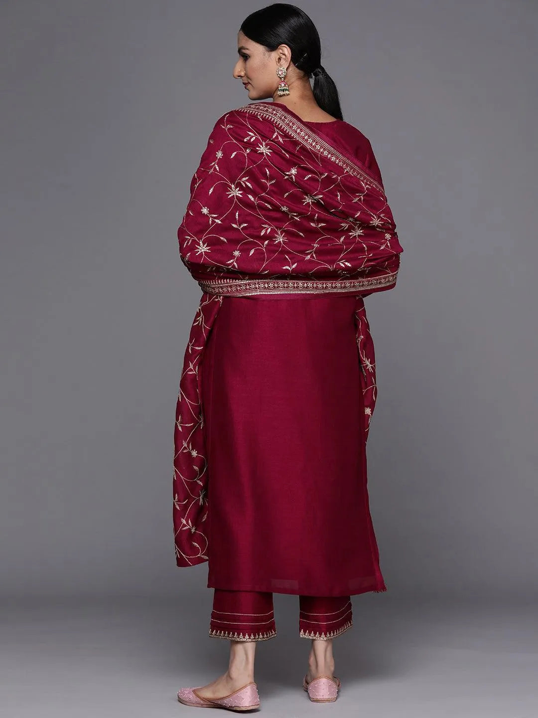 Maroon Embroidered Silk Blend Straight Suit Set - Libas 