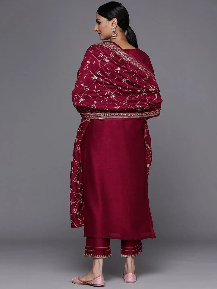 Maroon Embroidered Silk Blend Straight Suit Set - Libas