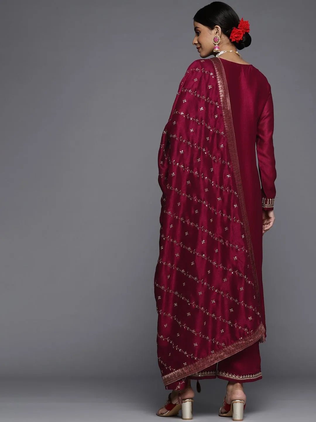 Maroon Embroidered Silk Blend Straight Suit Set - Libas 