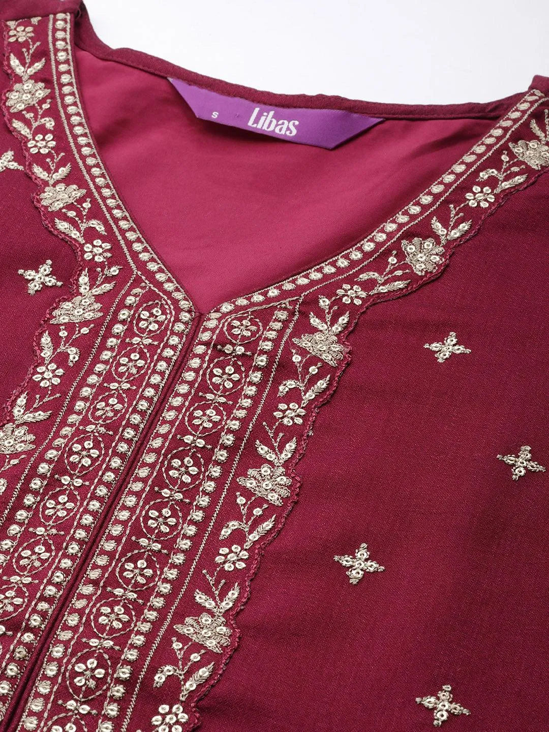 Maroon Embroidered Silk Blend Straight Suit Set - Libas 