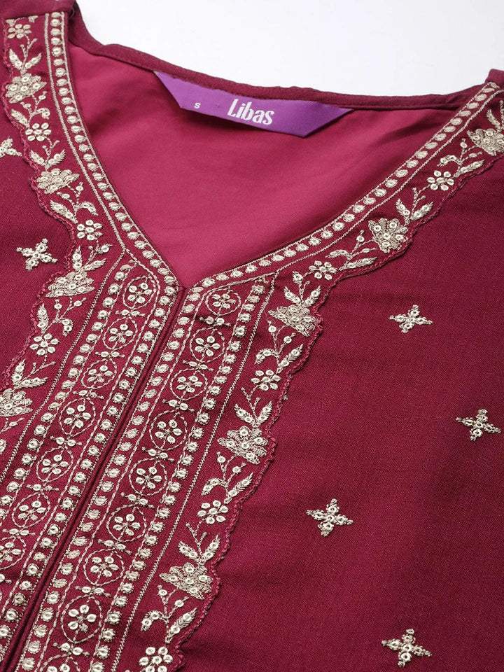 Maroon Embroidered Silk Blend Straight Suit Set - Libas