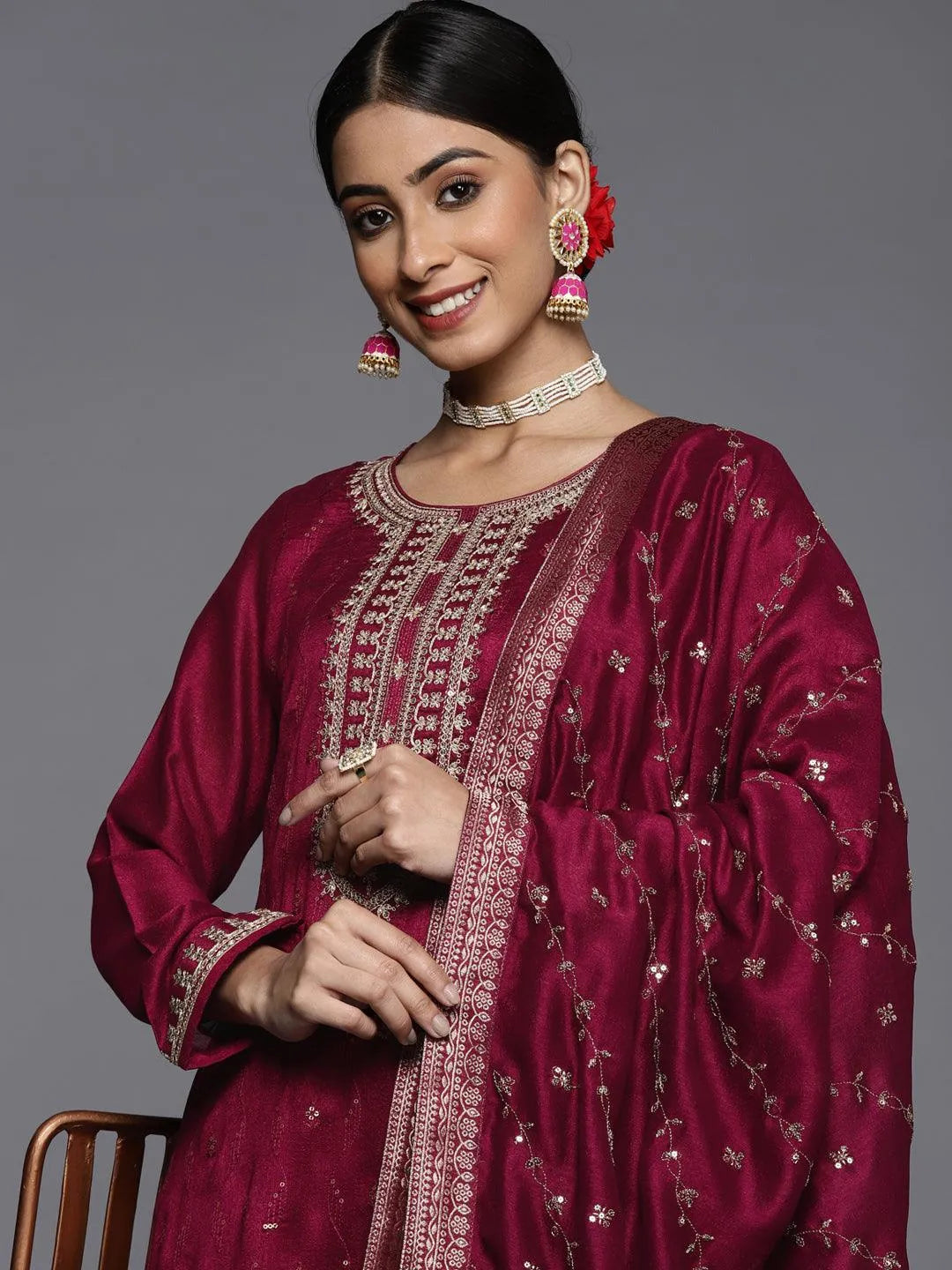 Maroon Embroidered Silk Blend Straight Suit Set - Libas 