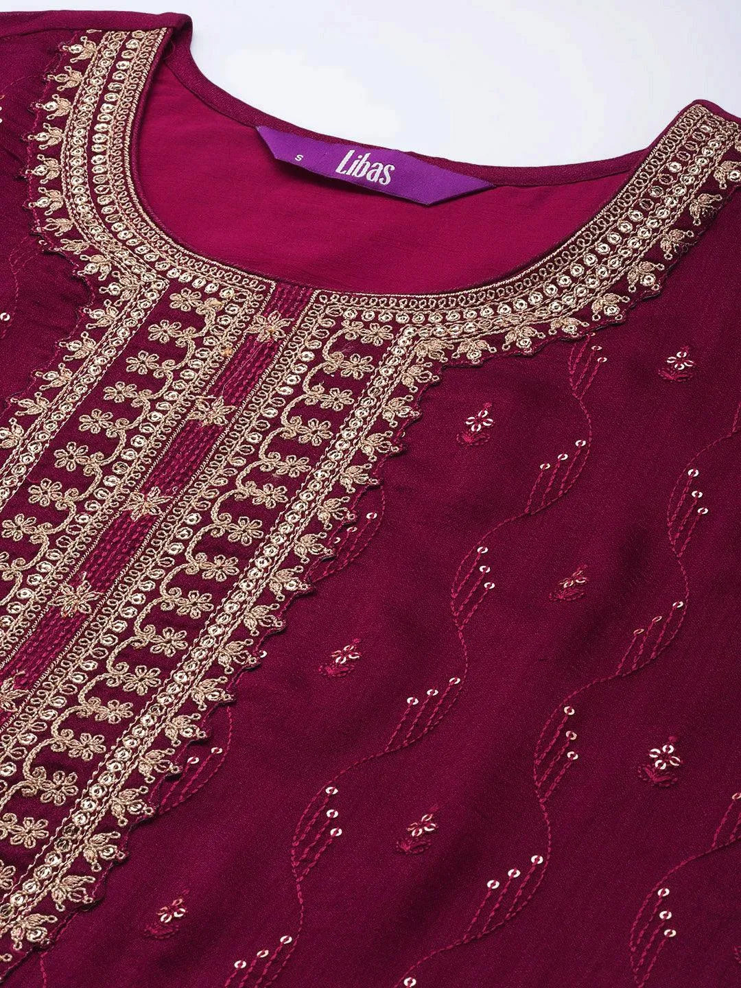 Maroon Embroidered Silk Blend Straight Suit Set - Libas 