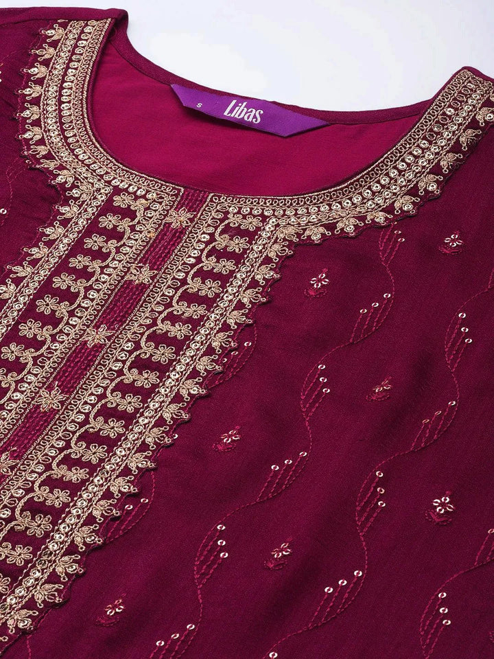 Maroon Embroidered Silk Blend Straight Suit Set - Libas