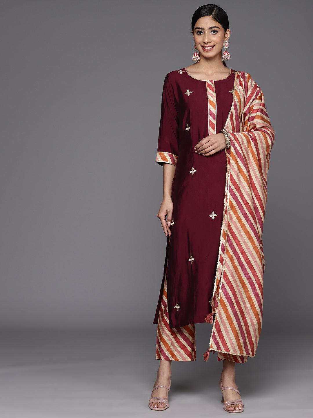 Maroon Embroidered Silk Blend Straight Suit Set With Trousers - Libas