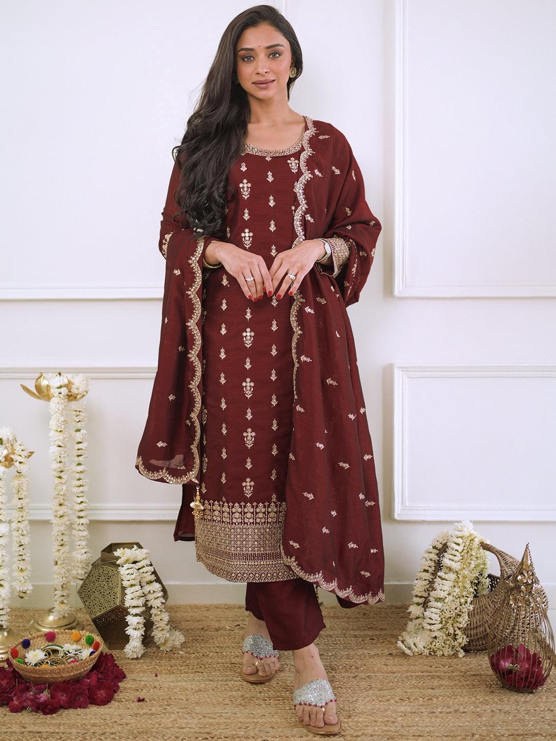 Maroon Embroidered Silk Blend Straight Kurta With Trousers & Dupatta - Libas