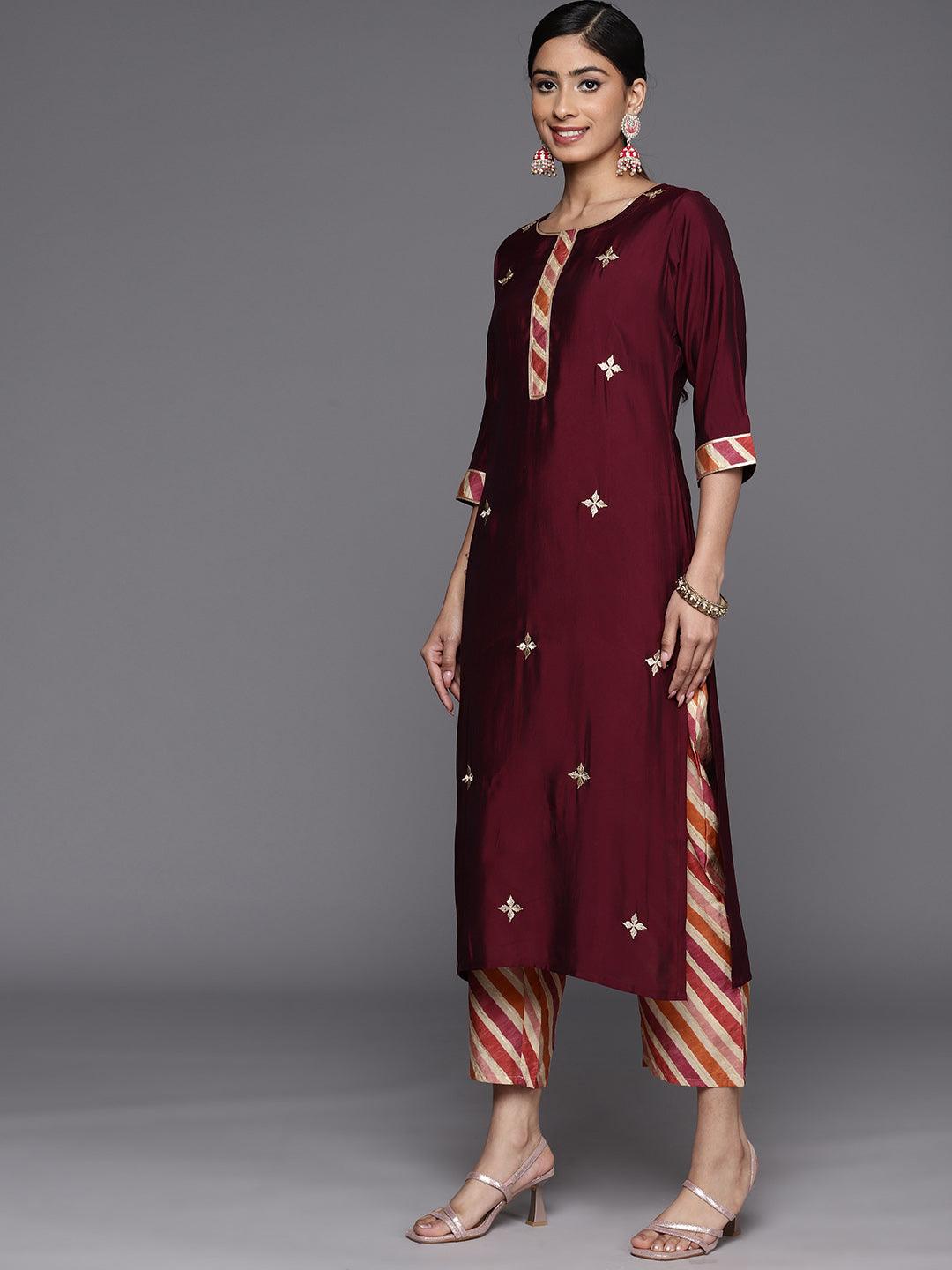 Maroon Embroidered Silk Blend Straight Suit Set With Trousers - Libas 