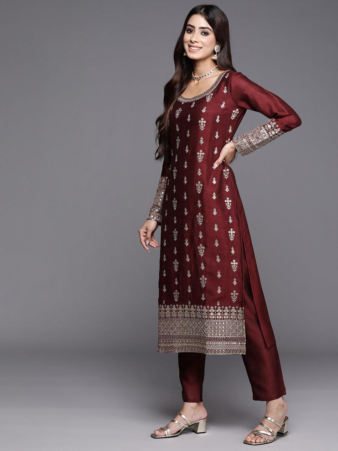 Maroon Embroidered Silk Blend Straight Kurta With Trousers & Dupatta - Libas 