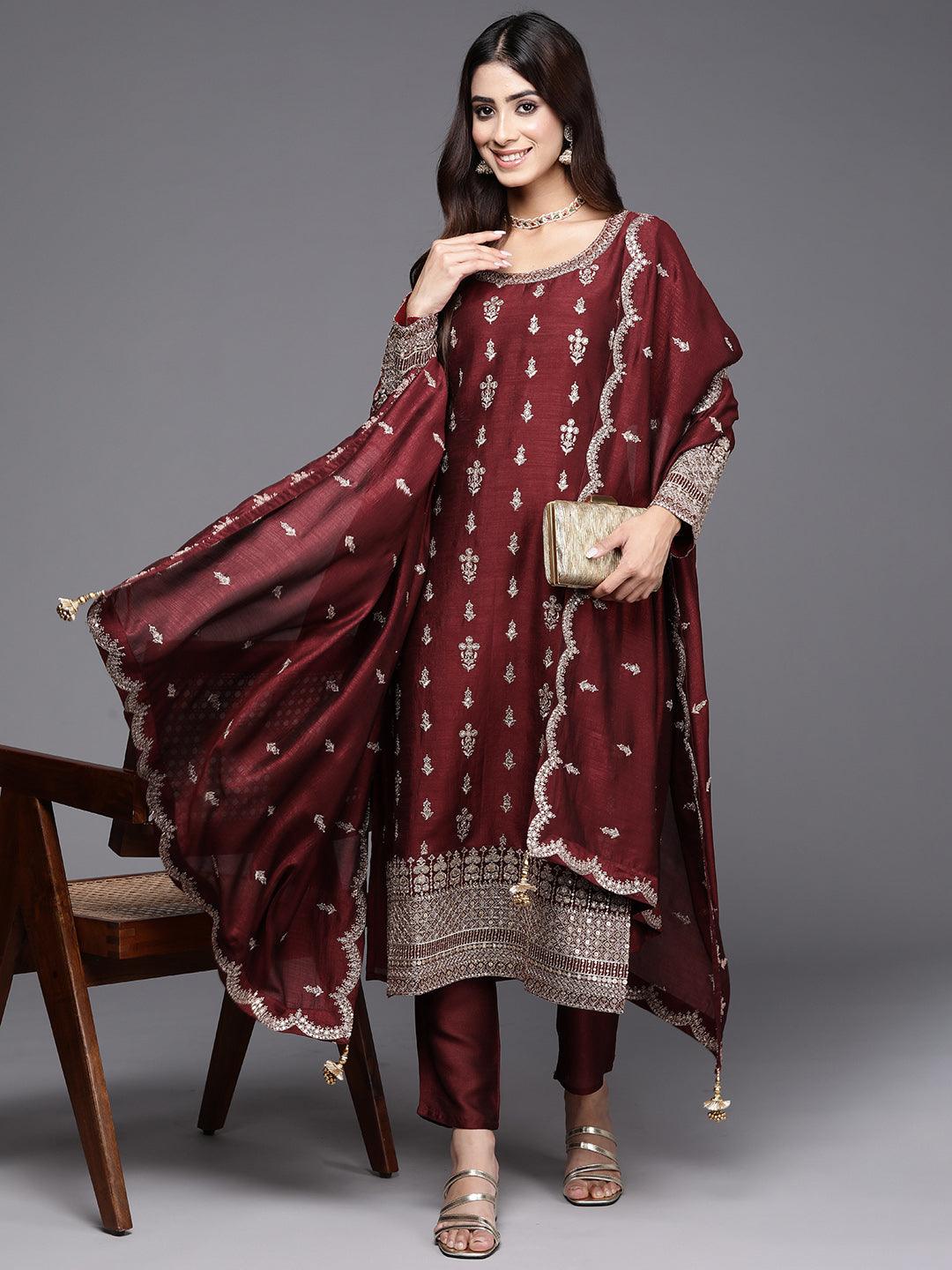 Maroon Embroidered Silk Blend Straight Kurta With Trousers & Dupatta - Libas 