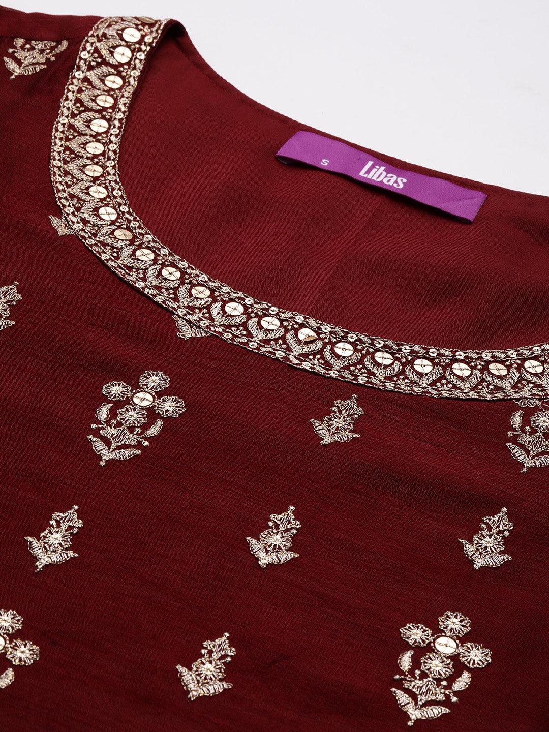 Maroon Embroidered Silk Blend Straight Kurta With Trousers & Dupatta - Libas 