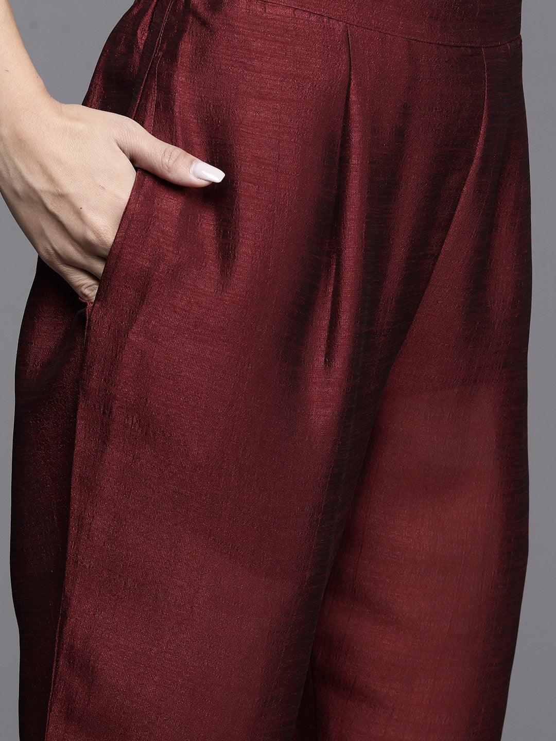 Maroon Embroidered Silk Blend Straight Kurta With Trousers & Dupatta - Libas 