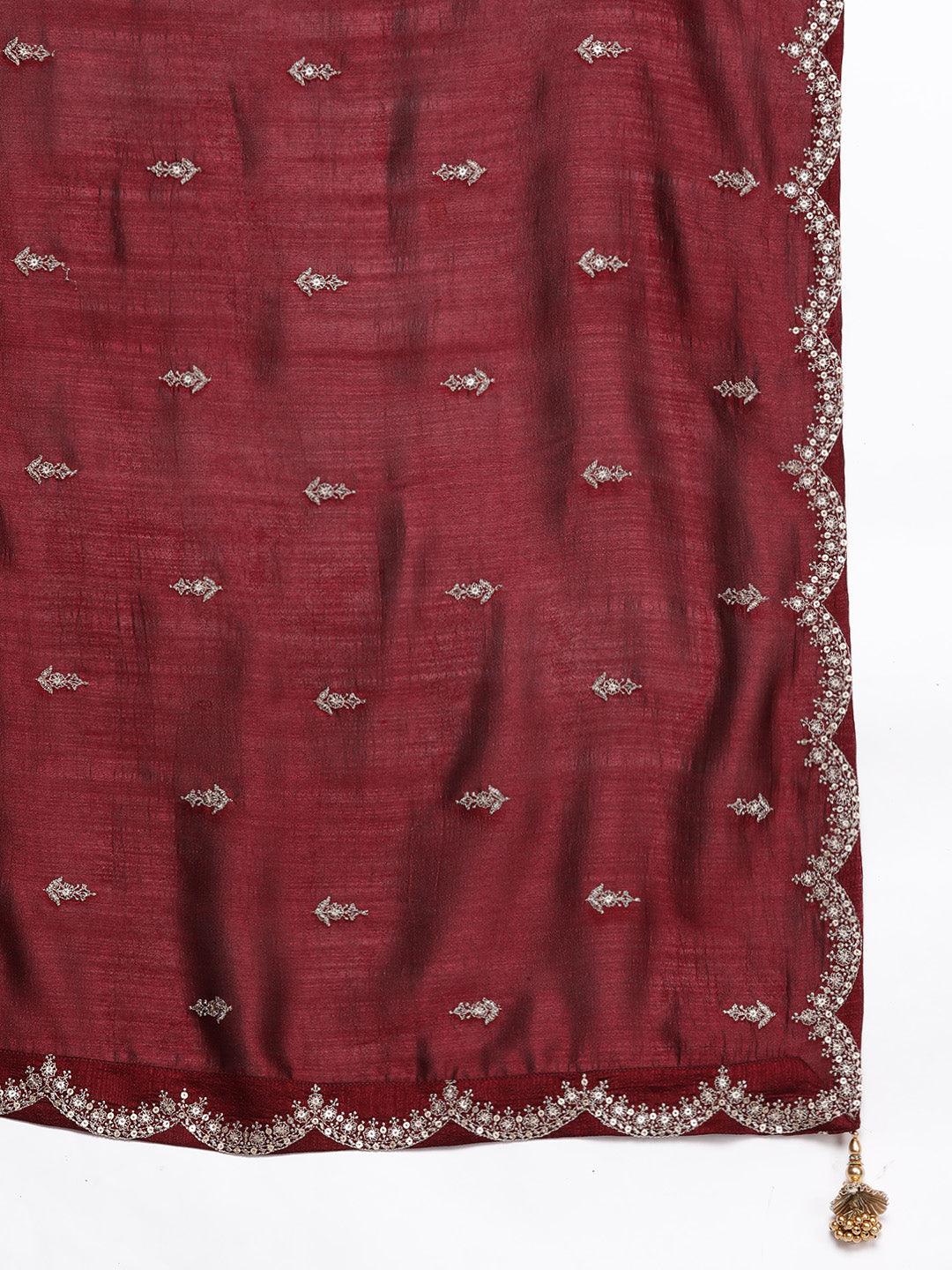 Maroon Embroidered Silk Blend Straight Kurta With Trousers & Dupatta - Libas 