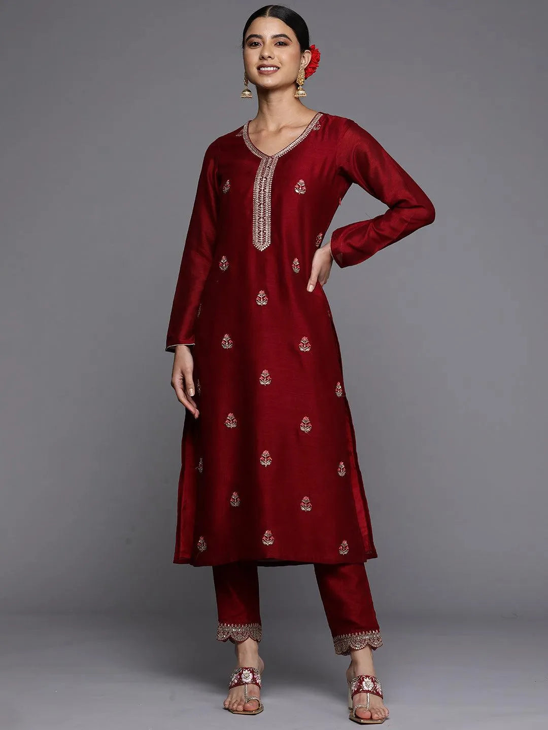 Maroon Embroidered Silk Straight Kurta - Libas 