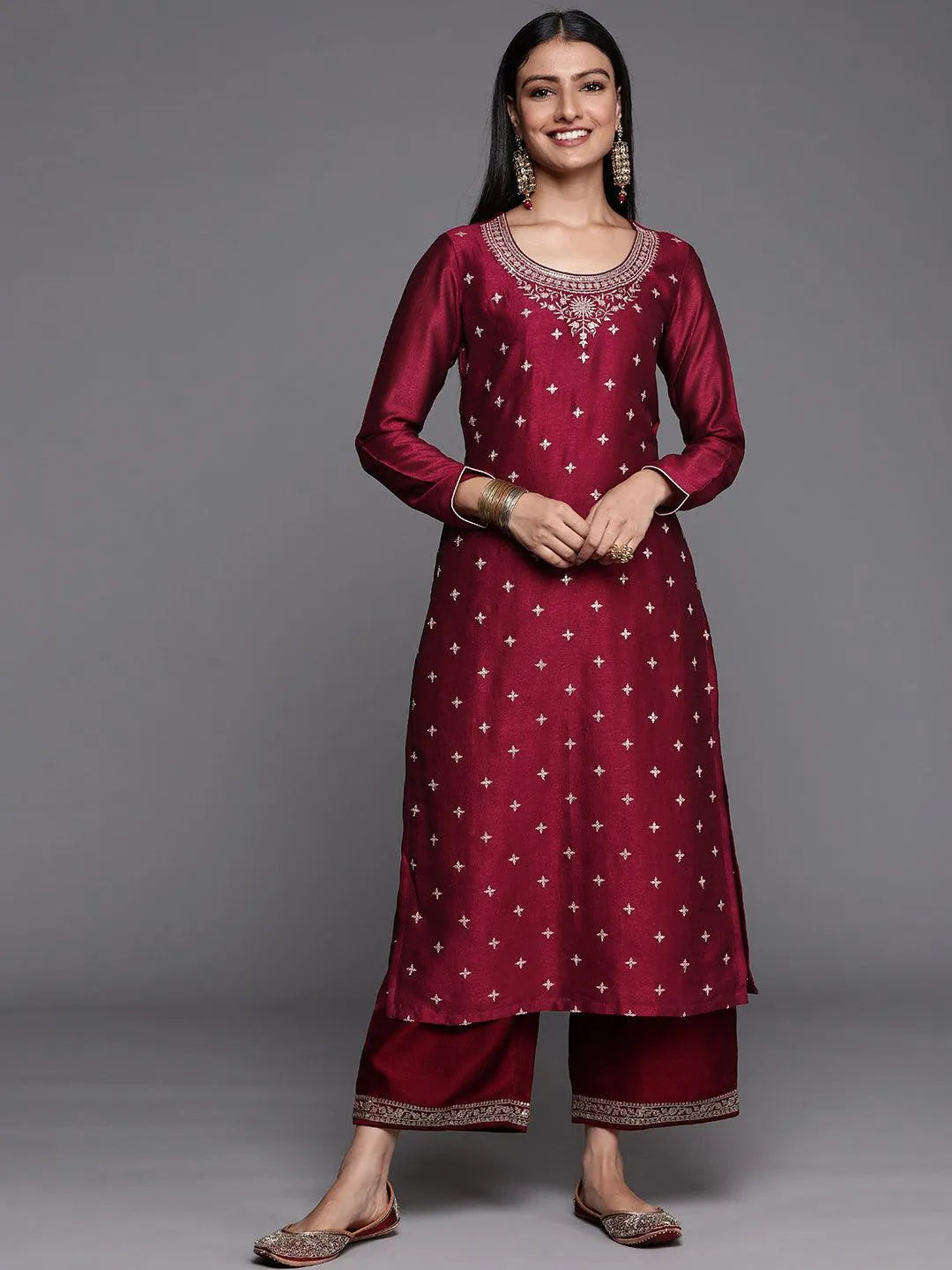 Maroon Embroidered Silk Straight Kurta - Libas