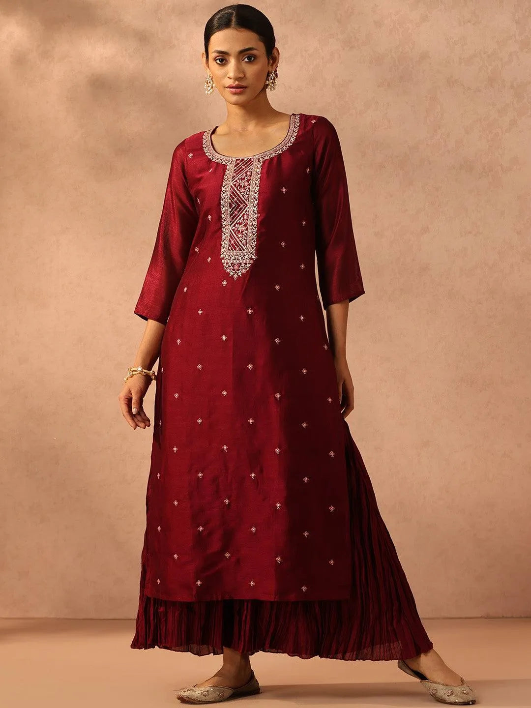 Maroon Embroidered Silk Straight Kurta - Libas 