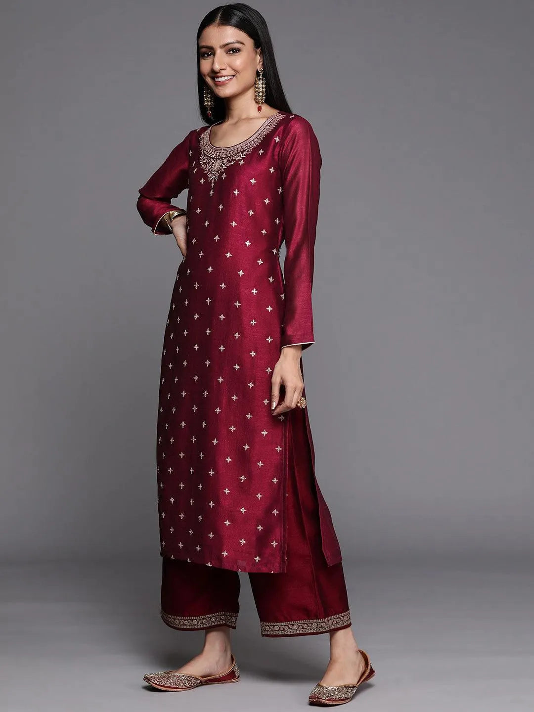 Maroon Embroidered Silk Straight Kurta - Libas 