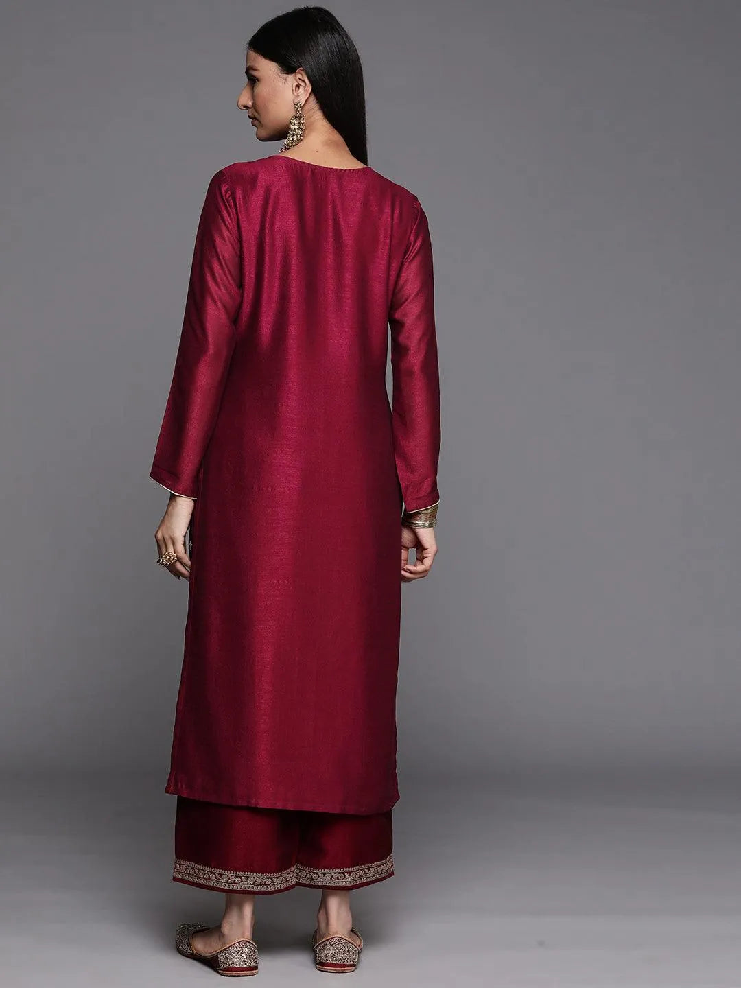 Maroon Embroidered Silk Straight Kurta - Libas 