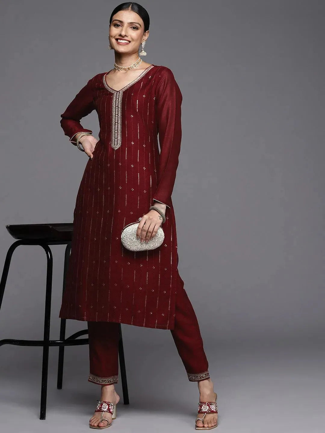 

Maroon Embroidered Silk Straight Kurta