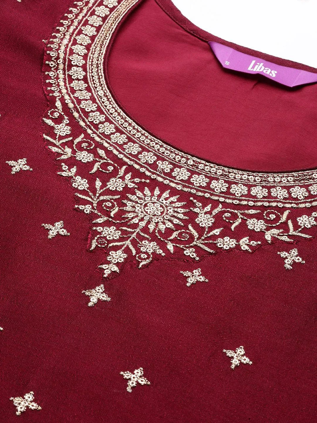 Maroon Embroidered Silk Straight Kurta - Libas 