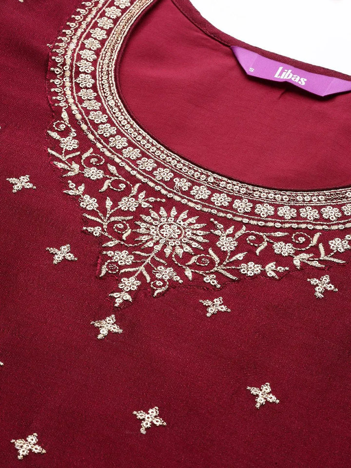 Maroon Embroidered Silk Straight Kurta - Libas