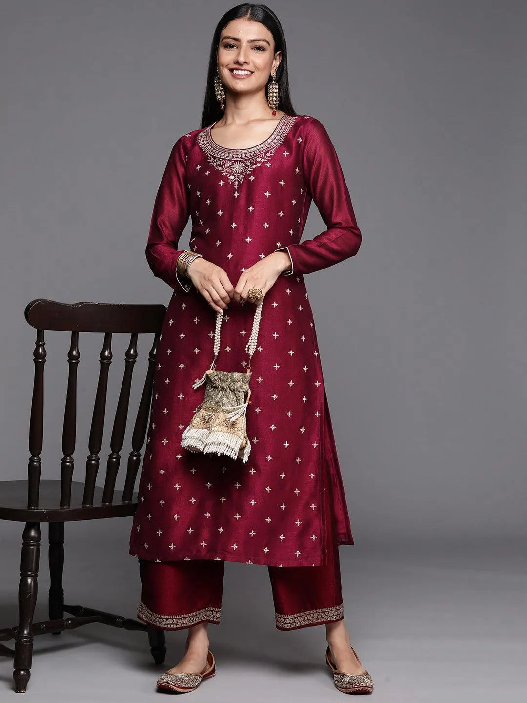 Maroon Embroidered Silk Straight Kurta - Libas 