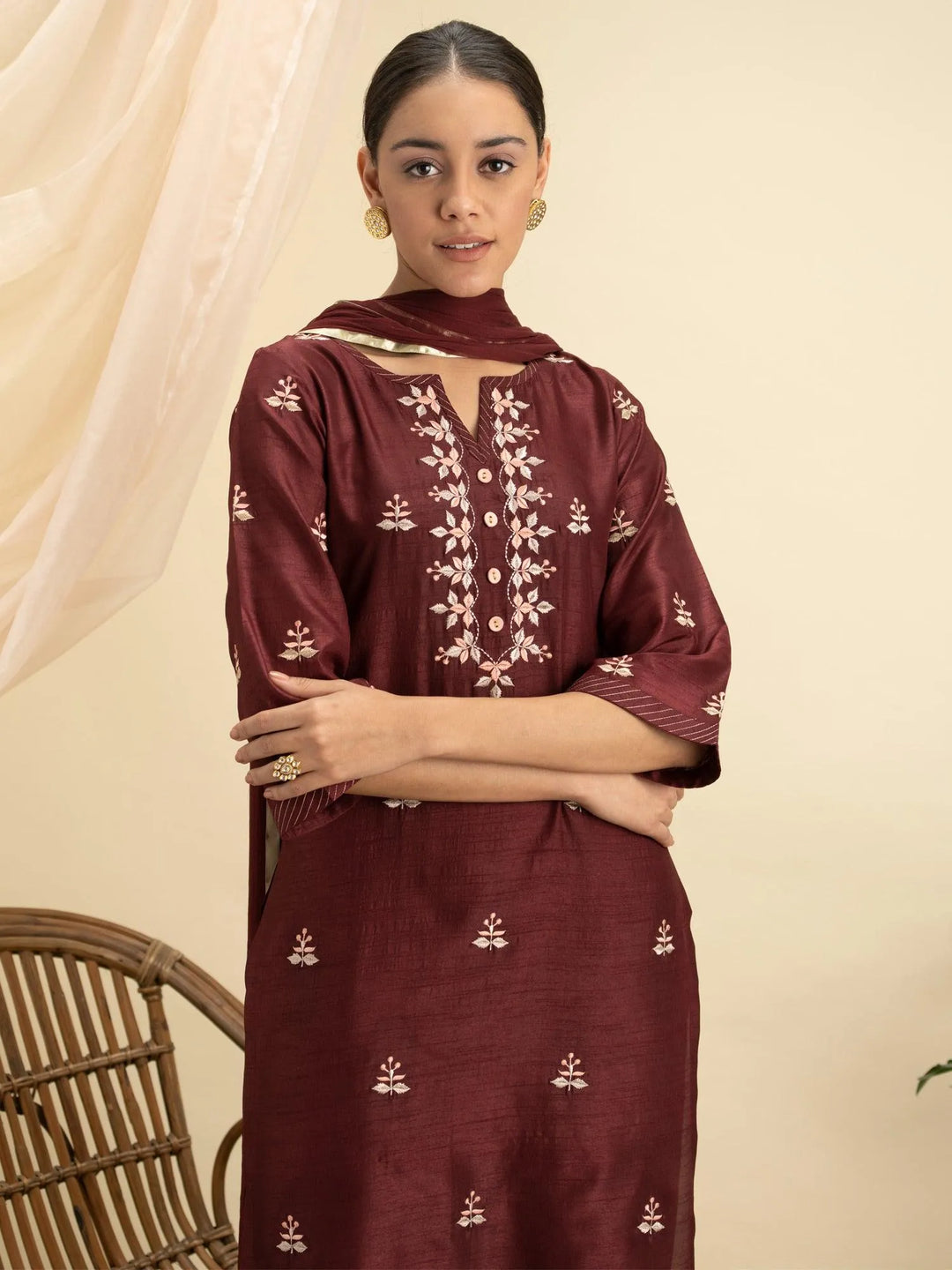 Maroon Embroidered Silk Suit Set - Libas