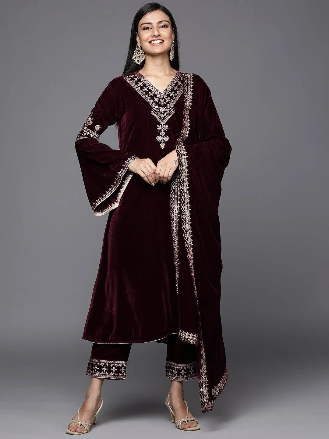 Maroon Embroidered Velvet A-Line Suit Set - Libas 