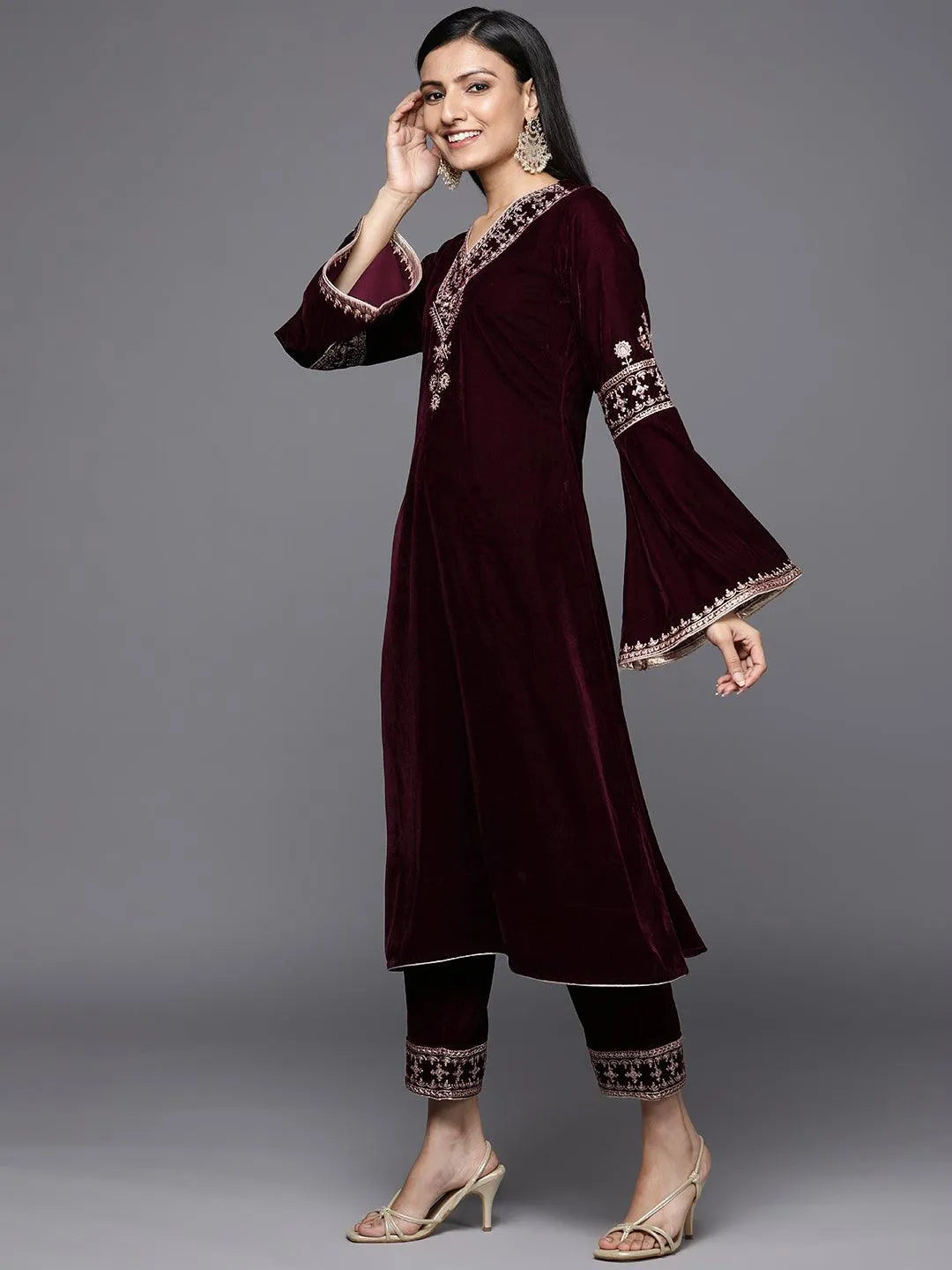 Maroon Embroidered Velvet A-Line Suit Set - Libas