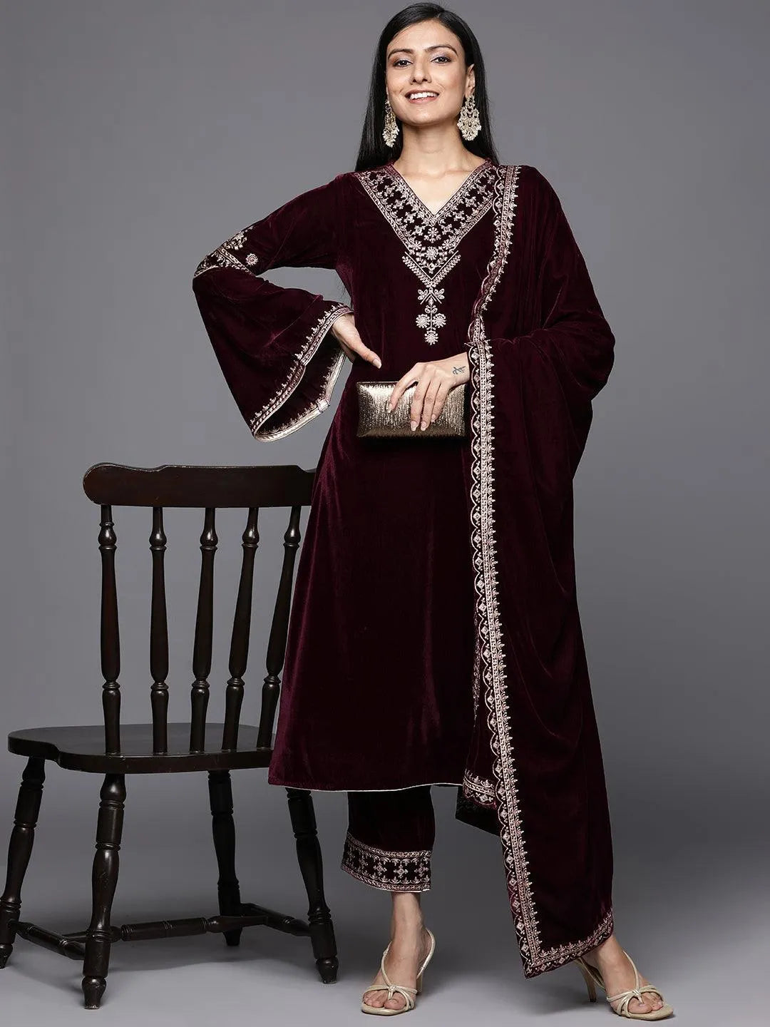 Maroon Embroidered Velvet A-Line Suit Set - Libas 