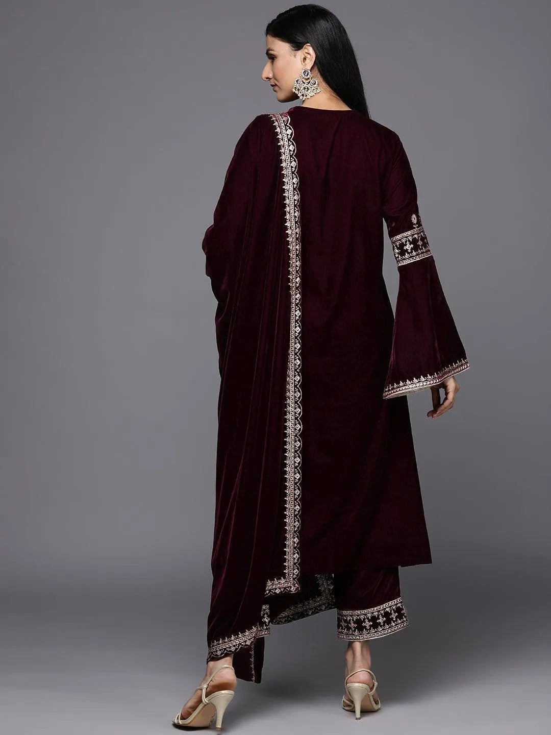 Maroon Embroidered Velvet A-Line Suit Set - Libas